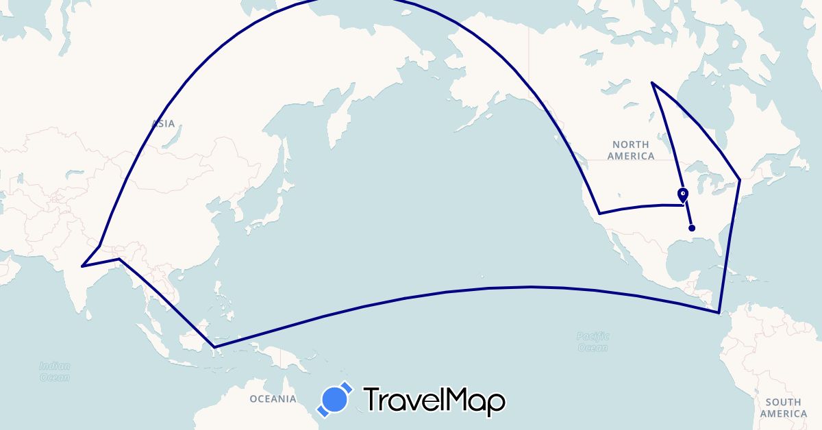 TravelMap itinerary: driving in Bangladesh, Canada, Indonesia, India, Nepal, Panama, United States (Asia, North America)